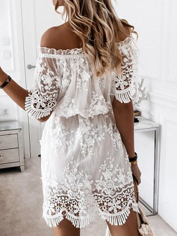 Lace One Shoulder Short Sleeve Mini Dress