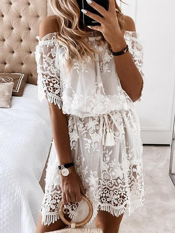 Lace One Shoulder Short Sleeve Mini Dress