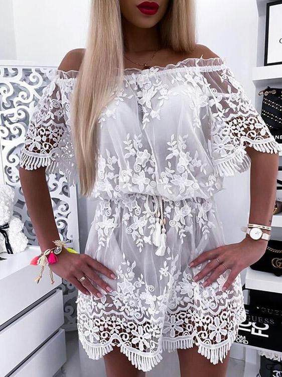 Lace One Shoulder Short Sleeve Mini Dress