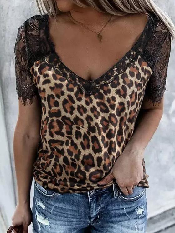 Lace Stitching Short-sleeved Leopard Print T-shirt