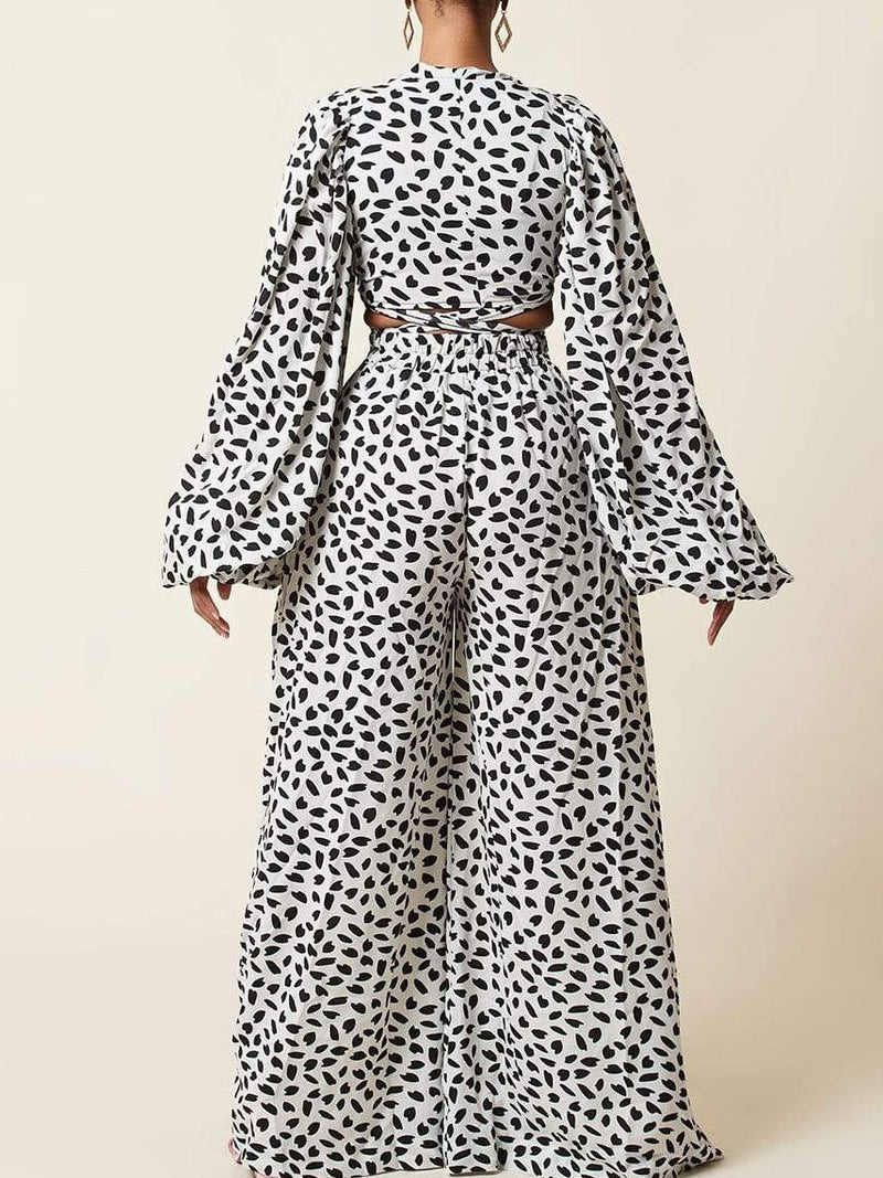 Lace-up Cardigan & Loose Wide-leg Pants Leopard Print Suit