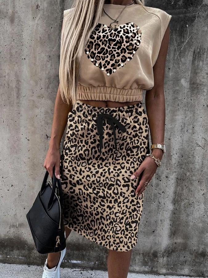 Lace-up Leopard Print Sleeveless Top & Drawstring Skirt Set