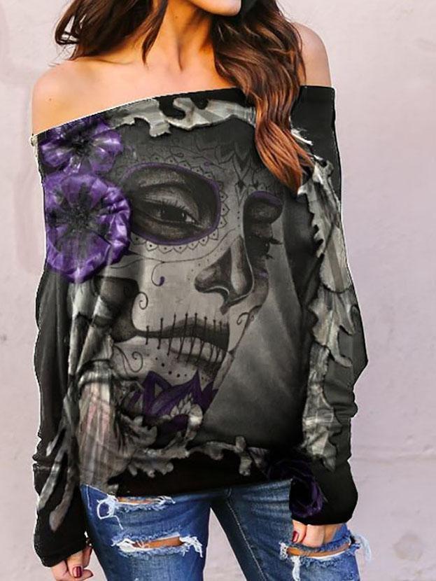 Large Round Neck Long Sleeve Printed One-Shoulder Casual T-Shirt
