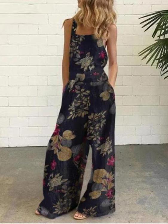 Leaf And Flower Printed Buttons Sleeveless Loose Suspenders Jumpsuit