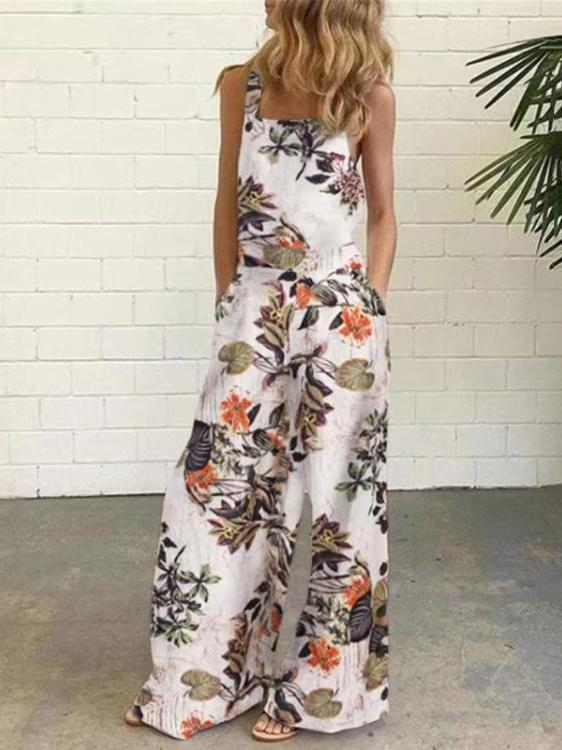 Leaf And Flower Printed Buttons Sleeveless Loose Suspenders Jumpsuit