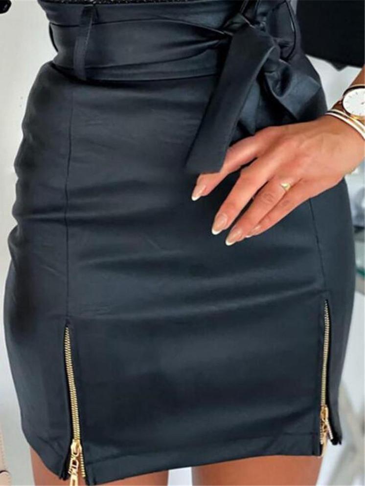 Leather Pu Strappy Zipper High Waist Bag Hip Skirt