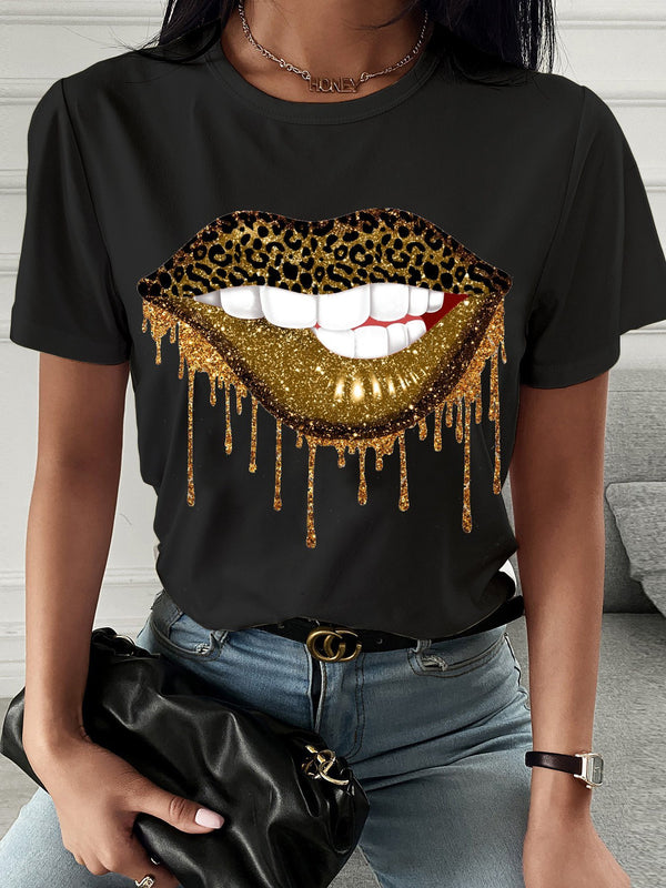 Leopard Lip Print Crew Neck T-shirt