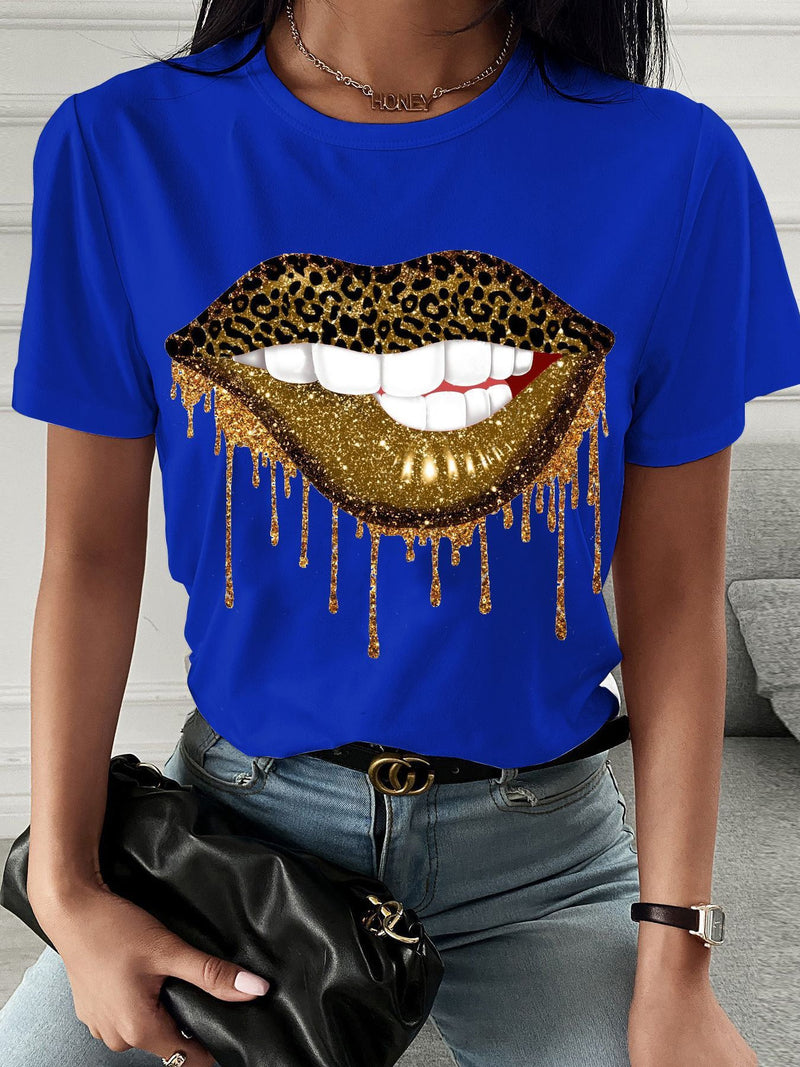 Leopard Lip Print Crew Neck T-shirt