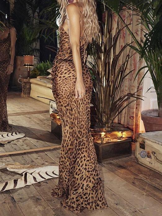 Leopard Print Backless Bodycon Maxi Dress With Straps