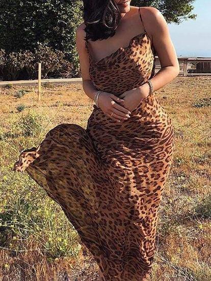 Leopard Print Backless Bodycon Maxi Dress With Straps