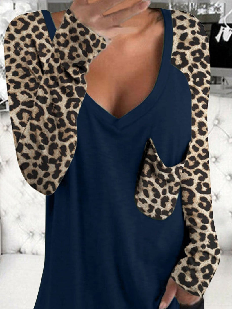 Leopard Print Long Sleeve V-neck Pocket Casual Blouses