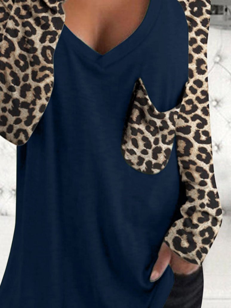 Leopard Print Long Sleeve V-neck Pocket Casual Blouses