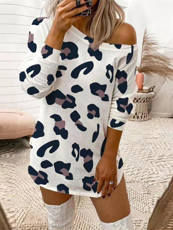 Leopard Print Off Shoulder Long Sleeve T-Shirt Dress