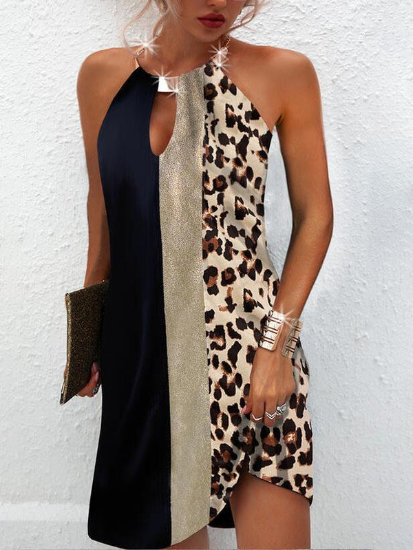 Leopard Print Sleeveless Halter Colorblock Dress