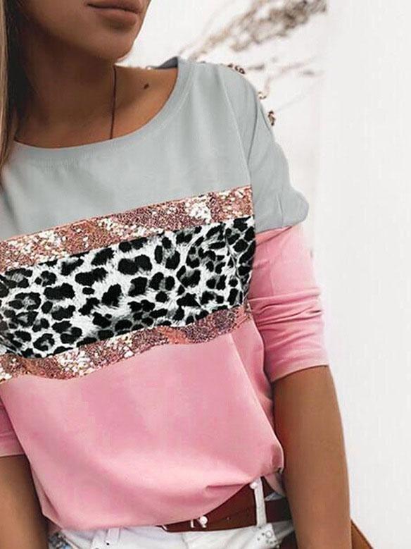 Leopard Print Stitching Sequins Contrast Top
