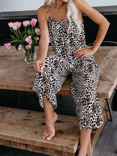 Leopard Print Suspender V-Neck Wide-Leg Jumpsuit