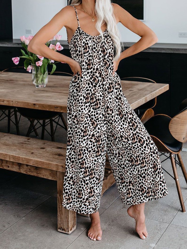 Leopard Print Suspender V-Neck Wide-Leg Jumpsuit