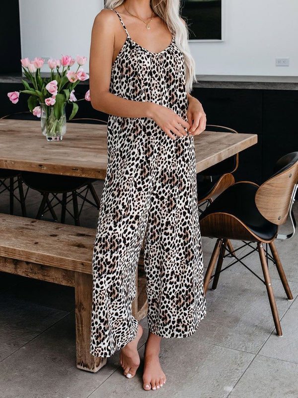 Leopard Print Suspender V-Neck Wide-Leg Jumpsuit