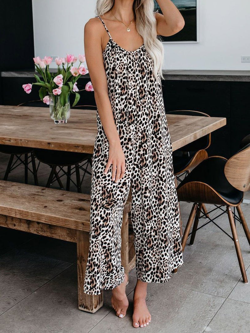 Leopard Print Suspender V-Neck Wide-Leg Jumpsuit