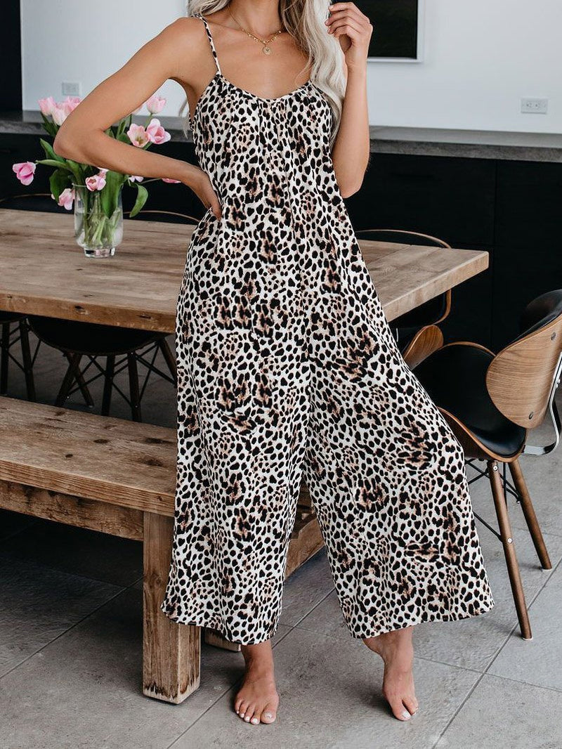 Leopard Print Suspender V-Neck Wide-Leg Jumpsuit