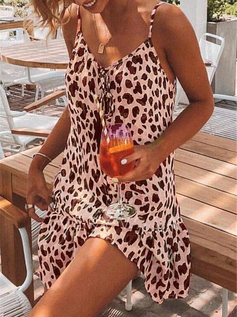 Leopard Print V-neck Casual Suspender Dress