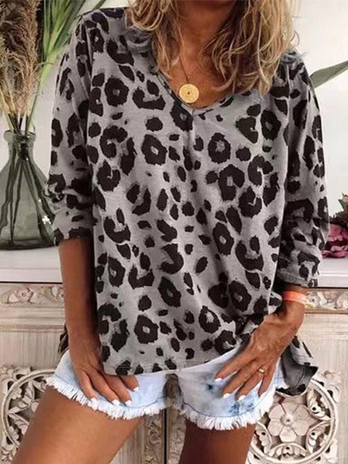 Leopard Print V-Neck Long Sleeve T-Shirt