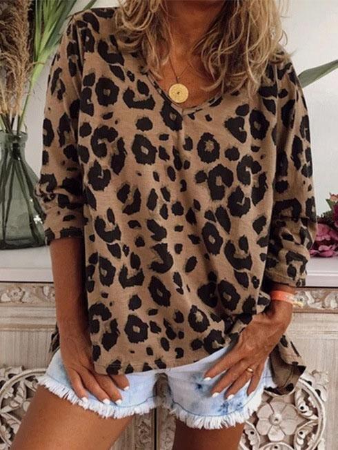 Leopard Print V-Neck Long Sleeve T-Shirt