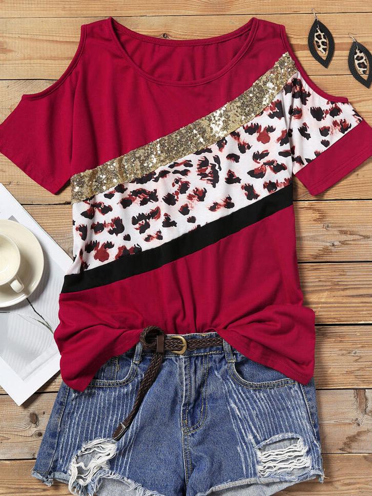 Leopard Sequin Stitching Cold Shoulder T-shirt