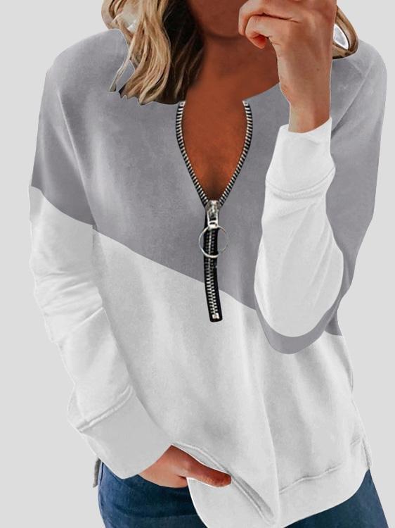 Long Sleeve Two-Color Stitching Zipper Blouses