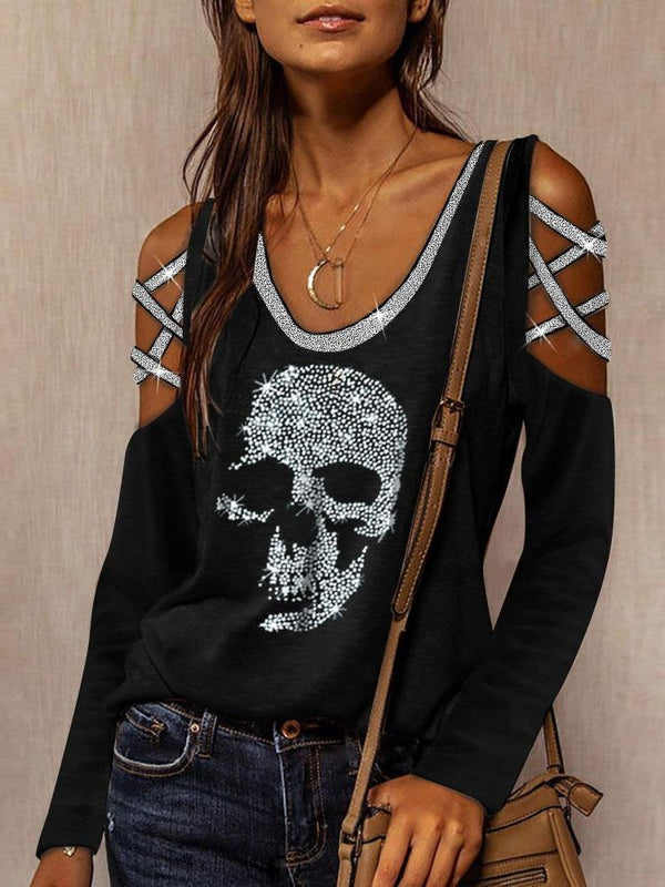 Long Sleeve V-Neck Skull Print Hollow T-Shirt