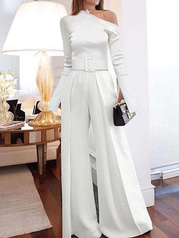 Long-sleeved One-shoulder Lace-up Wide-leg Jumpsuit