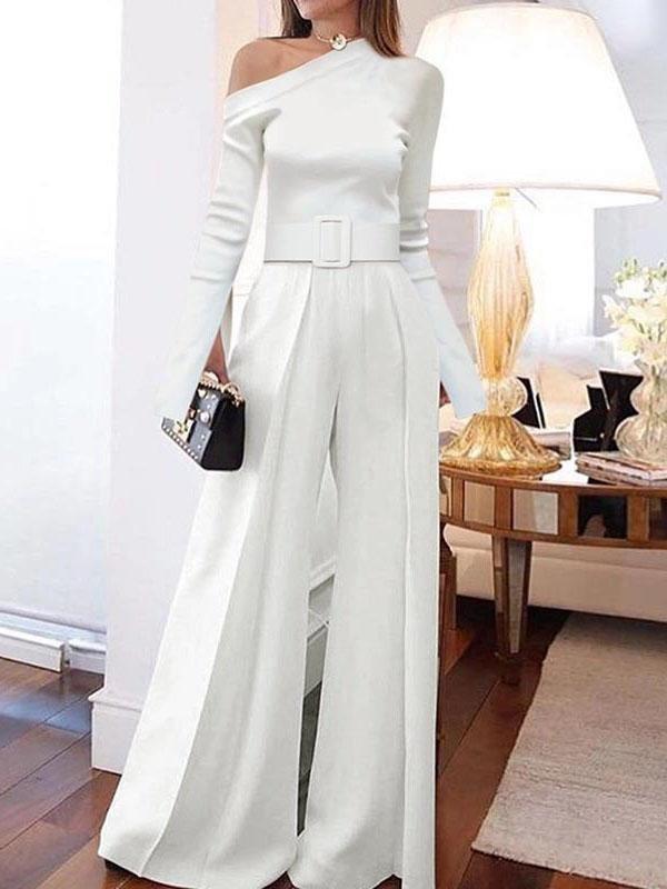 Long-sleeved One-shoulder Lace-up Wide-leg Jumpsuit