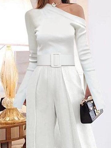 Long-sleeved One-shoulder Lace-up Wide-leg Jumpsuit