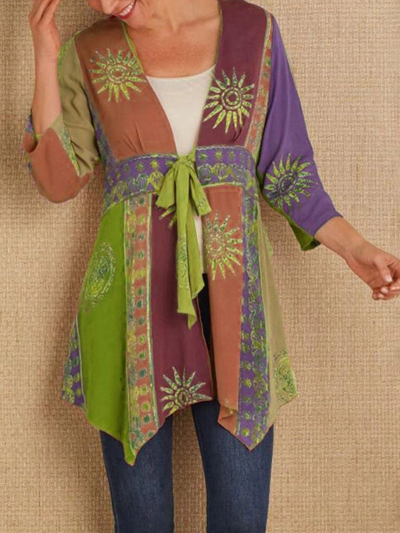 Long-sleeved tie-waist ethnic jacket