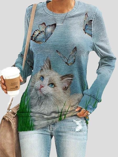 Loose Animal Cat Print Long Sleeve T-Shirts
