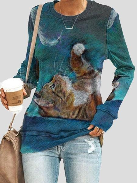 Loose Animal Cat Print Long Sleeve T-Shirts