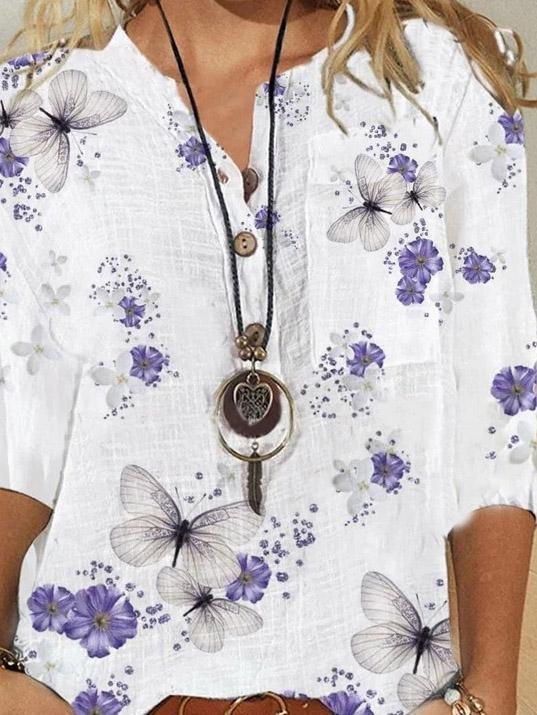 Loose Butterfly Print Button Five-Quarter Sleeves Blouses