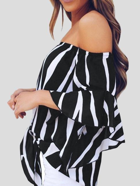 Loose Chiffon Off Shoulder Striped Front Tie 3/4 Sleeve Blouses