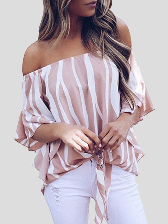 Loose Chiffon Off Shoulder Striped Front Tie 3/4 Sleeve Blouses