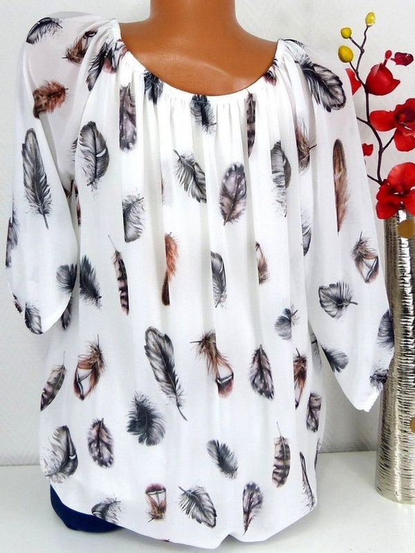 Loose Feather Print V-neck Five-point Sleeve Shirt