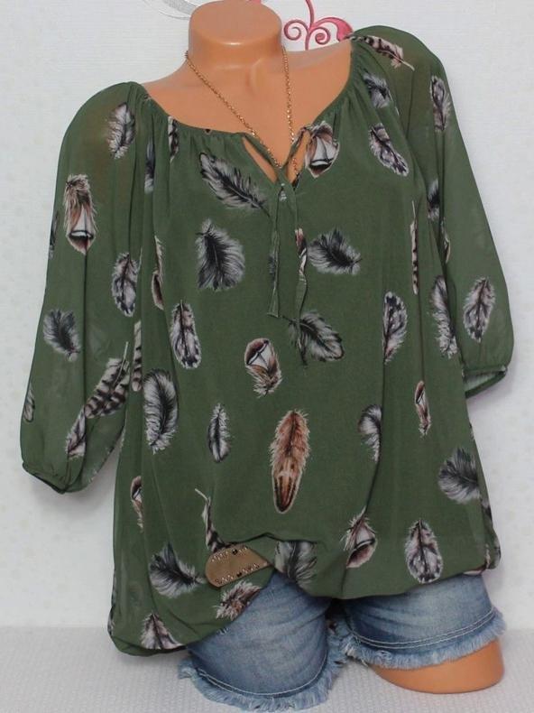 Loose Feather Print V-neck Five-point Sleeve Shirt