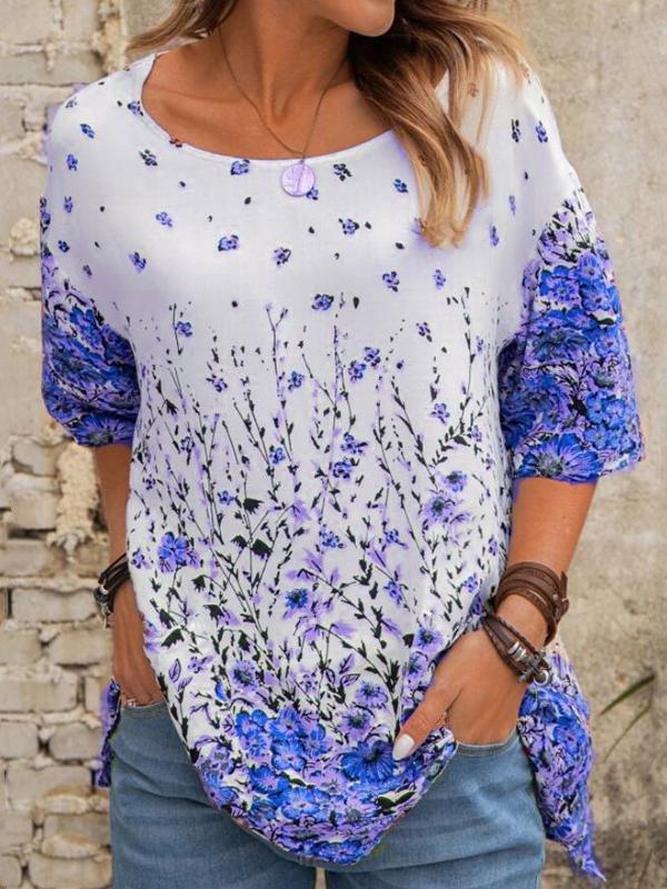 Loose Floral Round Neck Short Sleeve T-Shirt