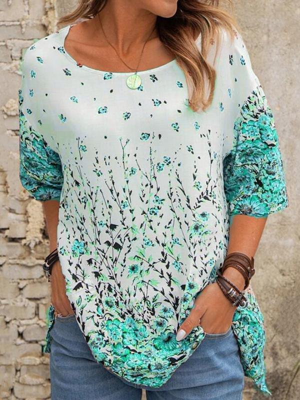Loose Floral Round Neck Short Sleeve T-Shirt