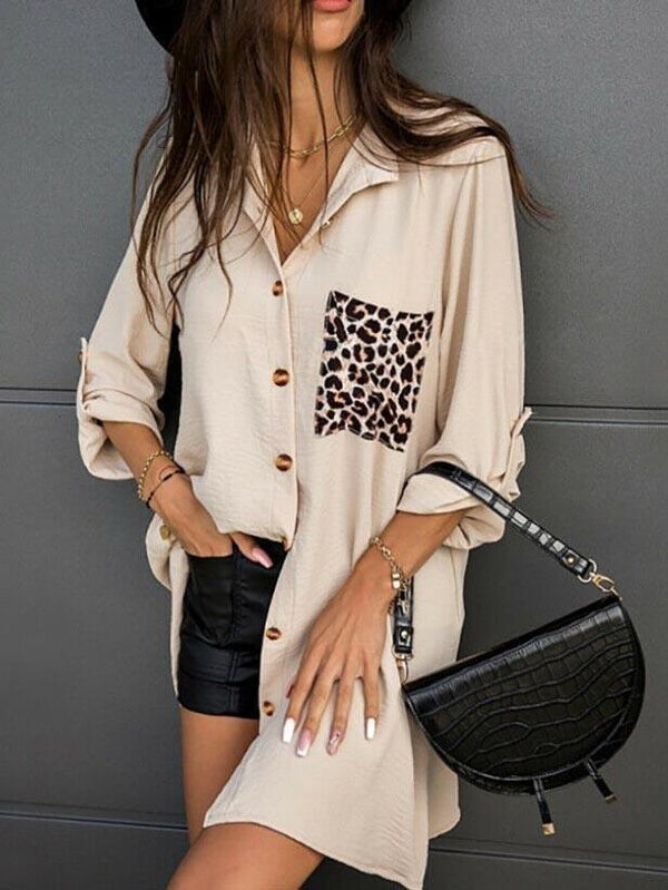 Loose Leopard Print Pocket Stitching Rolled Sleeve Shirt Casual