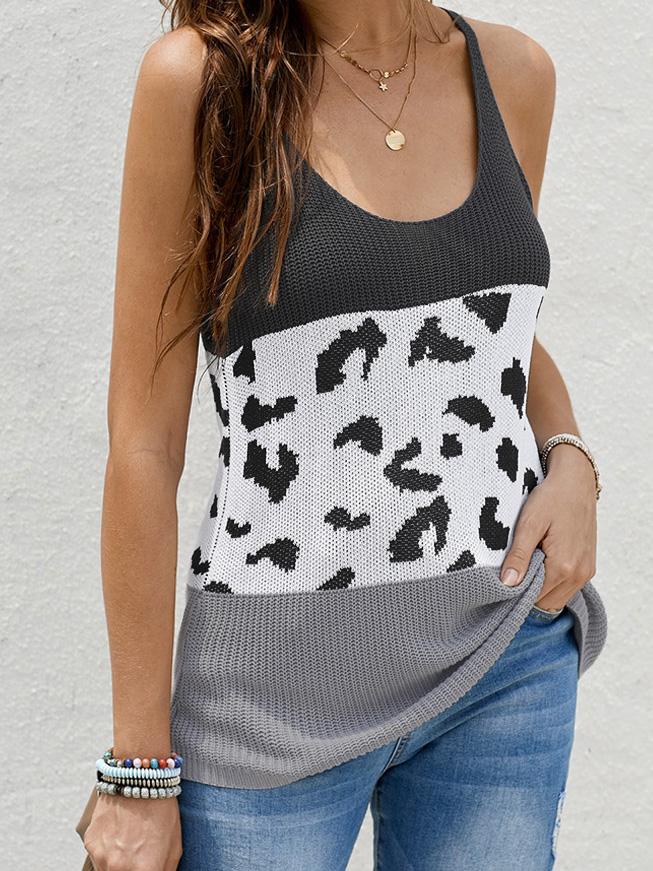 Loose Leopard Stitching Sling Knit Tank Tops