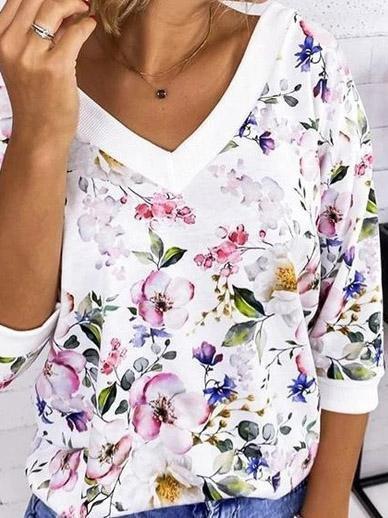 Loose Long Sleeve Floral Print T-Shirts