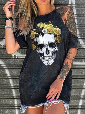 Loose Off-the-shoulder Skull Print T-shirt