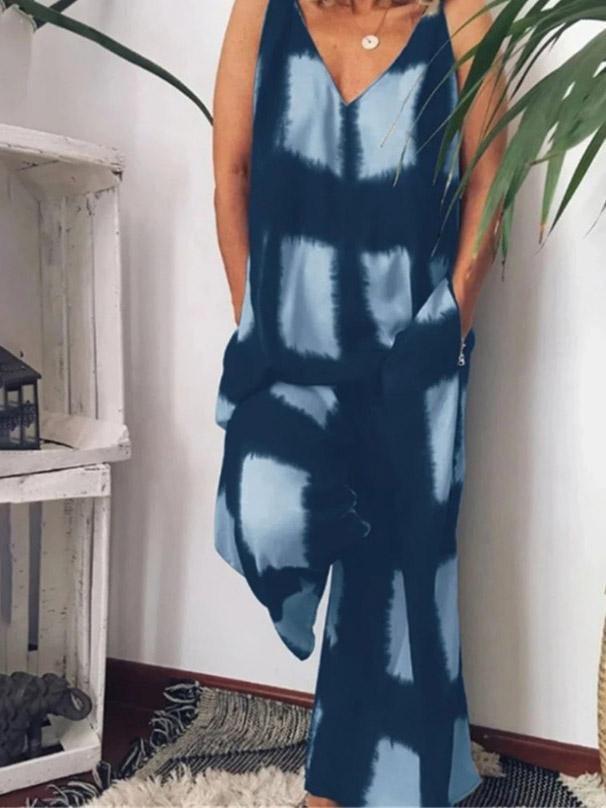 Loose Printed Deep V-Neck Sleeveless Jumpsuit