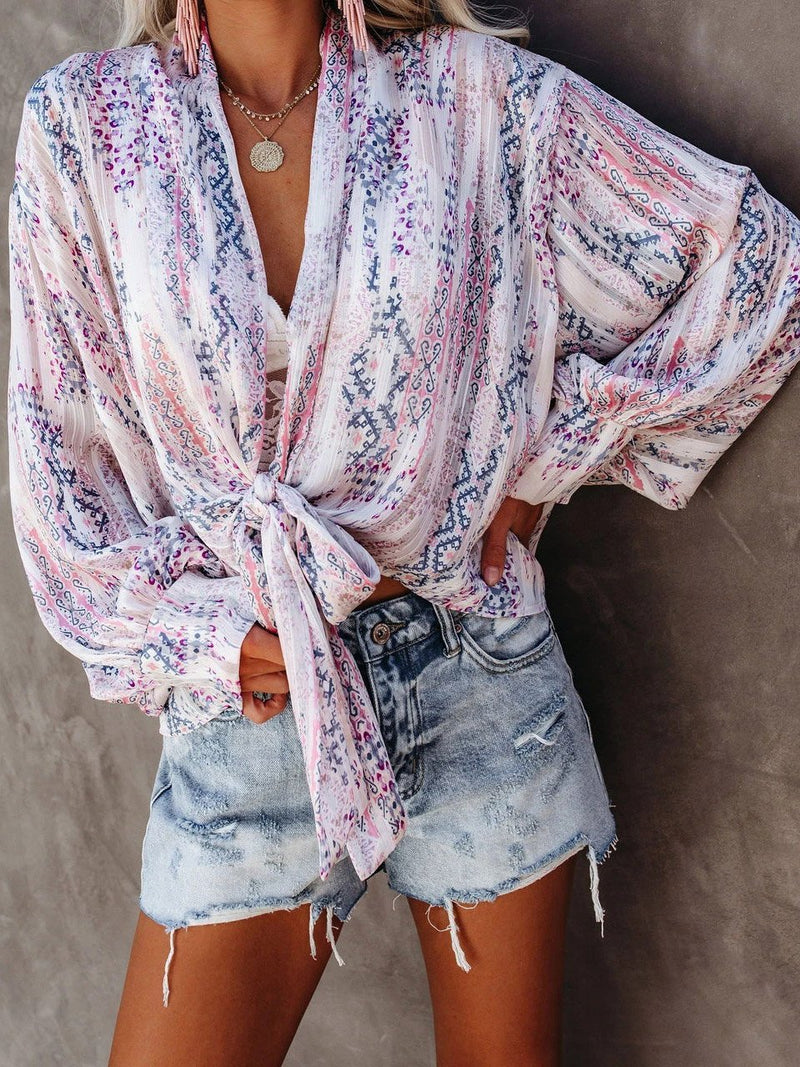 Loose Printed Thin Long Sleeve Button Blouses