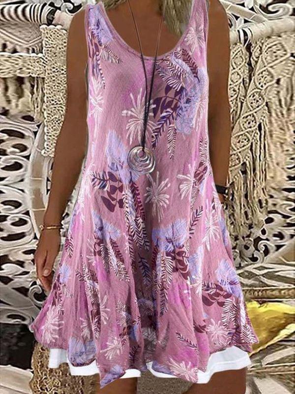 Loose Round Neck Sleeveless Printed Fake Two-Piece Dress